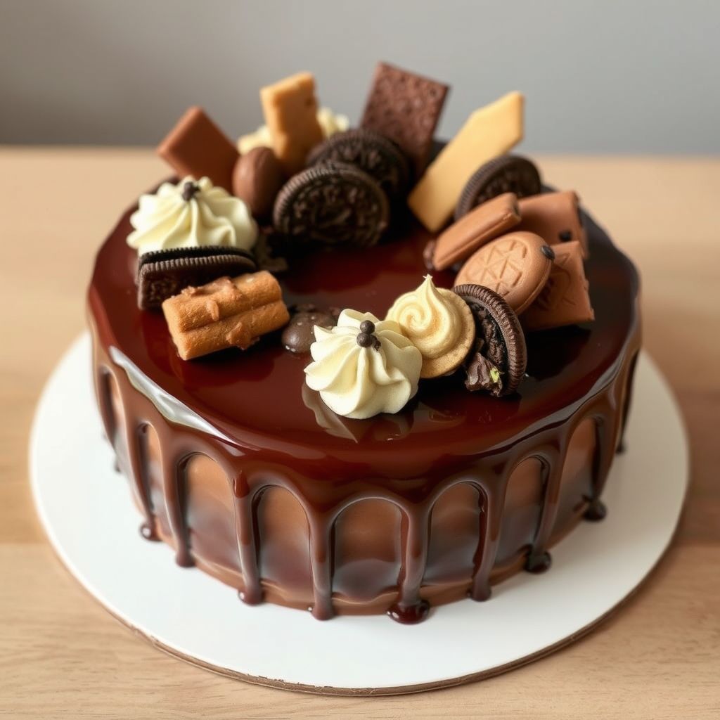 Un gâteau au chocolat décadent se présente comme la pièce centrale, arborant une ganache au chocolat brillante et riche qui déborde délicieusement sur les côtés, contrastant magnifiquement avec son glaçage blanc lisse en dessous. Ornamé d'un assortiment extravagant de garnitures, y compris des biscuits Oreo, des barres de chocolat et des gaufrettes en chocolat finement décorées, la surface du gâteau est un véritable festin pour les yeux, évoquant l'indulgence et la célébration. Les ombres douces laissent entrevoir l'éclairage tamisé de la scène, qui se déroule sur un fond lavande délicat, mettant en valeur les détails vibrants du gâteau et invitant à une sensation de chaleur et de douceur. La composition est joyeuse et abondante, créant une atmosphère luxueuse et tentante qui présente les saveurs délicieuses à savourer.