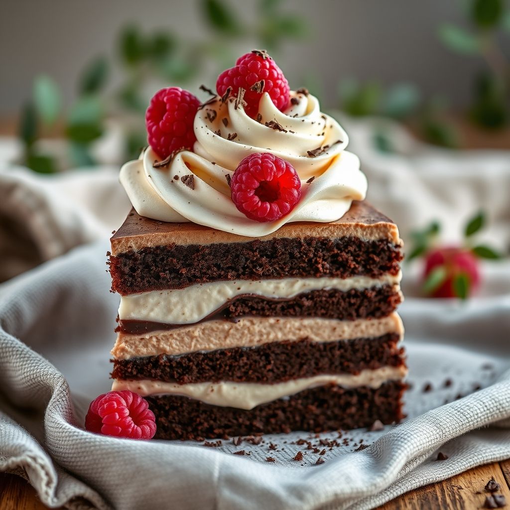 Des couches décadentes de gâteau au chocolat et de mousse prennent vie dans cette tranche délicieuse, surmontée d'une généreuse spirale de crème fouettée et de framboises fraîches. La base riche en cacao foncé contraste magnifiquement avec les textures légères et aériennes au-dessus, tandis que les framboises rouges vibrantes apparaissent, ajoutant une touche d'acidité et de couleur. Une poussière scintillante de copeaux de chocolat complète l'ensemble, invitant le spectateur à se laisser tenter. Le cadre présente une couverture douce et texturée aux tons sourds, avec des touches de verdure en arrière-plan flou, renforçant l'atmosphère cosy et accueillante. La composition globale rayonne de chaleur, faisant de ce dessert un plaisir parfait pour toute occasion sucrée.