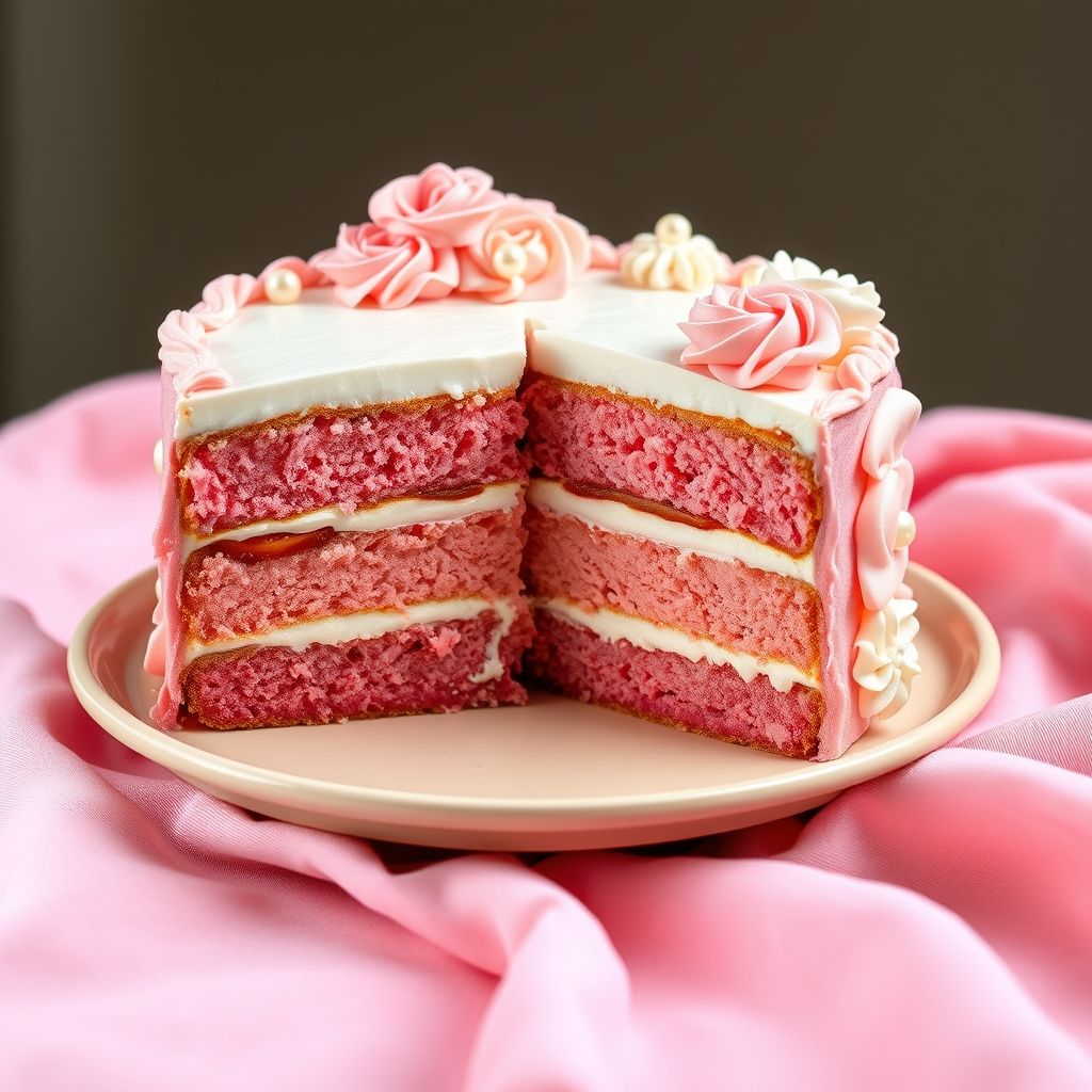Des couches luxuriantes d'un gâteau ombré rose invitent par leur texture douce et veloutée, montrant trois nuances distinctes mais harmonieuses de rose, agrémentées de volutes de glaçage plus clair et plus foncé. Une tranche parfaite a été soigneusement découpeée, révélant les couches de gâteau à la fraise, entrelacées de glaçage blanc crémeux qui contraste élégamment avec les couleurs vibrantes du gâteau. Le glaçage décoratif sur le dessus présente des rosettes complexes et des accents perlés, ajoutant une touche artistique à l'ensemble. Posé sur une assiette beige douce, le gâteau est accompagné d'un tissu rose pastel doux, créant une ambiance chaleureuse et invitante qui suggère une occasion festive. L'image rayonne d'une douce joie sucrée, idéale pour une réunion spéciale ou une pause gourmande l'après-midi.