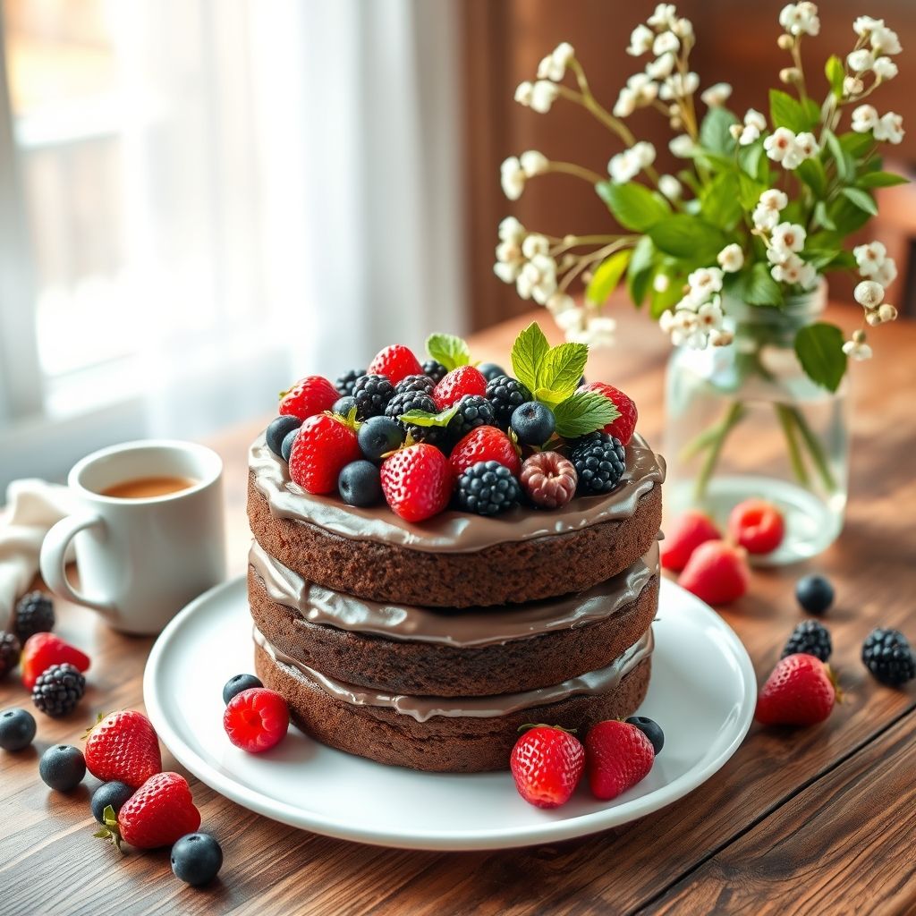 Un délicieux gâteau au chocolat à trois couches occupe le centre, orné d'un assortiment vibrant de baies fraîches, incluant fraises, framboises, myrtilles et mûres, nichées sur un glaçage au chocolat riche et crémeux. Le gâteau repose sur une assiette blanche simple, élégamment posée sur une table en bois rustique qui ajoute de la chaleur à l'ambiance. Non loin, un vase en verre clair regorge de délicates fleurs blanches et de feuilles vertes fraîches, renforçant la sensation de fraîcheur et de printemps de la composition. Une tasse blanche, probablement remplie d'une boisson chaude, ajoute une touche cosy à l'ensemble, tandis qu'une lumière naturelle douce baigne la scène, évoquant une ambiance de célébration et d'indulgence.