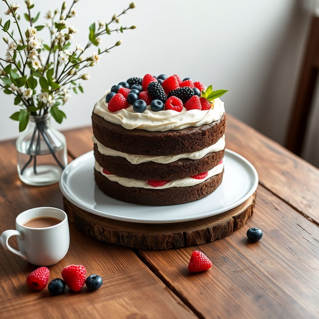 Un somptueux gâteau au chocolat à trois couches, richement nappé d'un glaçage crémeux, surmonté d'un assortiment coloré de baies fraîches - fraises, myrtilles, framboises et mûres - qui ajoutent des touches vives au brun profond du gâteau. Ce délice est présenté sur une assiette blanche simple, posée sur une table en bois rustique, créant une ambiance chaleureuse et accueillante. À gauche, un vase en verre délicat contient des branches ornées de petites fleurs blanches et de feuilles vertes, complétant l'atmosphère festive suscitée par le gâteau. Une tasse blanche, présumément remplie d'une boisson chaude, invite à un moment cosy. La composition globale et la lumière douce créent une ambiance sereine et joyeuse, idéale pour une réunion ou une occasion spéciale.