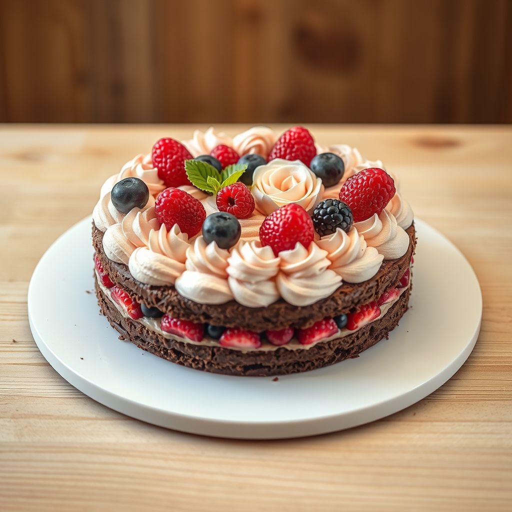 Des couches de délice crémeux forment un gâteau magnifiquement travaillé, mettant en valeur chocolat riche, baies roses douces et crème fouettée légère, couronnés élégamment de fraises, framboises et myrtilles fraîches. Une tranche généreuse a été coupée, révélant les strates colorées qui attirent le regard avec un jeu tentant de textures et saveurs. Le gâteau repose sur une assiette blanche simple, créant un contraste marqué avec la surface en bois chaude en arrière-plan, suggérant une ambiance cosy et invitante. Une lumière naturelle douce accentue les couleurs vibrantes et les finitions brillantes des fruits et de la crème, suggérant une friandise délicieuse parfaite pour les célébrations. L'ambiance générale est celle de l'indulgence et de la douceur, invitant chacun à savourer une tranche de ce dessert exquis.