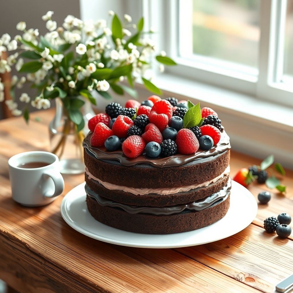 Un délicieux gâteau au chocolat à trois couches occupe le centre, orné d'un assortiment vibrant de baies fraîches, incluant fraises, framboises, myrtilles et mûres, nichées sur un glaçage au chocolat riche et crémeux. Le gâteau repose sur une assiette blanche simple, élégamment posée sur une table en bois rustique qui ajoute de la chaleur à l'ambiance. Non loin, un vase en verre clair regorge de délicates fleurs blanches et de feuilles vertes fraîches, renforçant la sensation de fraîcheur et de printemps de la composition. Une tasse blanche, probablement remplie d'une boisson chaude, ajoute une touche cosy à l'ensemble, tandis qu'une lumière naturelle douce baigne la scène, évoquant une ambiance de célébration et d'indulgence.