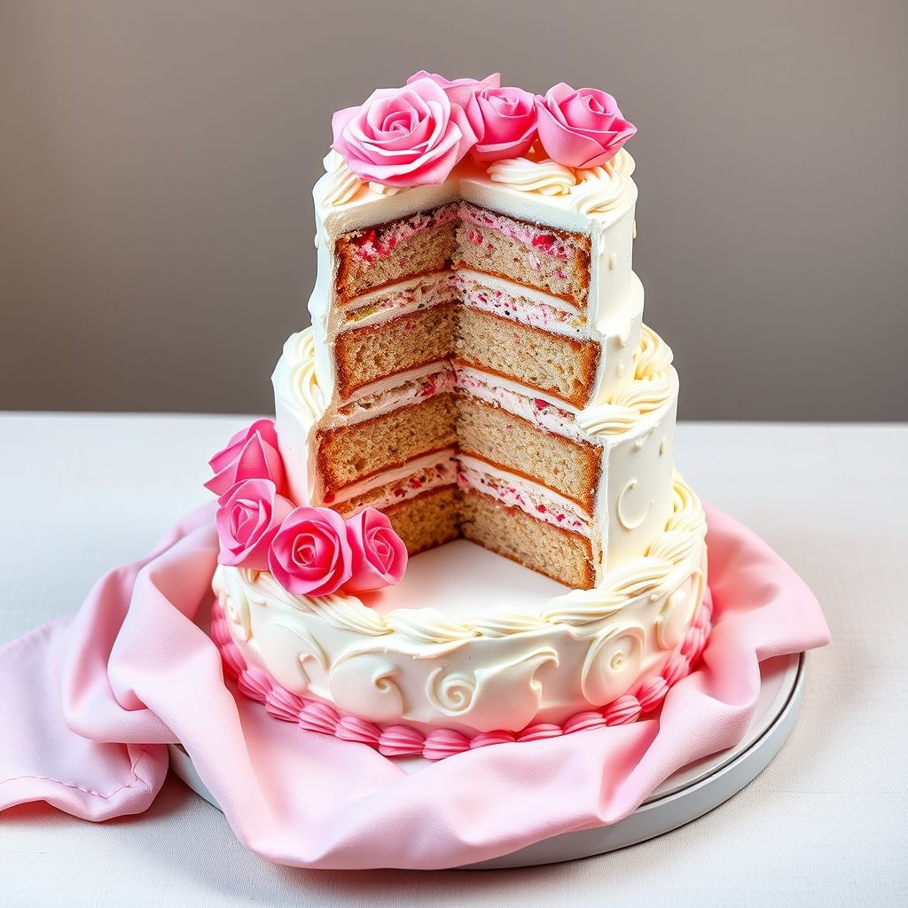 Un gâteau magnifiquement étagé s’invite par ses teintes roses douces et ses détails de glaçage complexes, montrant un intérieur luxuriant mêlant nuances de rose et blanc. Le gâteau comporte plusieurs couches de biscuit, séparées par un glaçage crémeux, et est décoré d'éléments délicatement dressés, incluant des volutes et des roses en glaçage. Posé sur un fond neutre, le gâteau est présenté sur une assiette ronde accompagnée d'un tissu rose tendrement drapé à côté, ajoutant une touche de chaleur. L'aspect invitant suggère une ambiance de fête, idéale pour une occasion festive, évoquant douceur et délice.